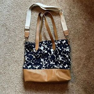 Navy Floral Canvas Tote Bag with Tan Leather Trim and Convertible Shoulder Strap